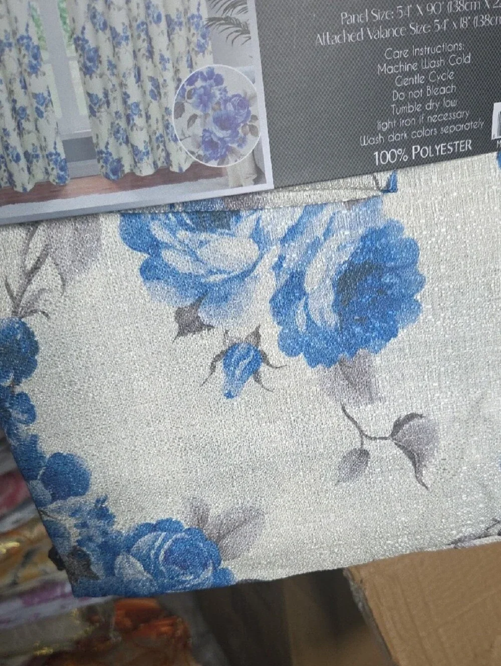 Rouge Helium Blue and Cream Floral Rod-Pocket Curtain Panel with Valance